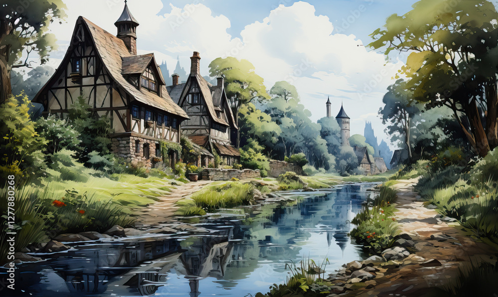Quaint village by the river surrounded by lush trees. Generative AI Quaint village by the river surrounded by lush trees. Generative AI