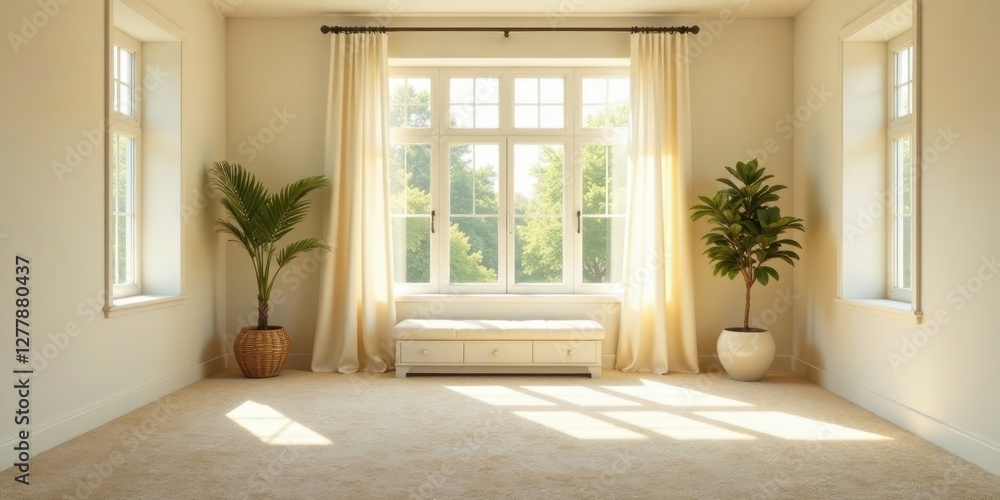 Fototapeta premium Bright Sunlight Illuminates a Serene Room with Large Windows and Lush Potted Plants