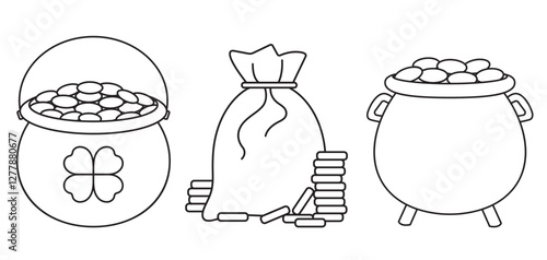 St. Patrick's Day, treasures, a cauldron, a full bag of gold coins, a set of black and white vector linear icon isolated on a white transparent background