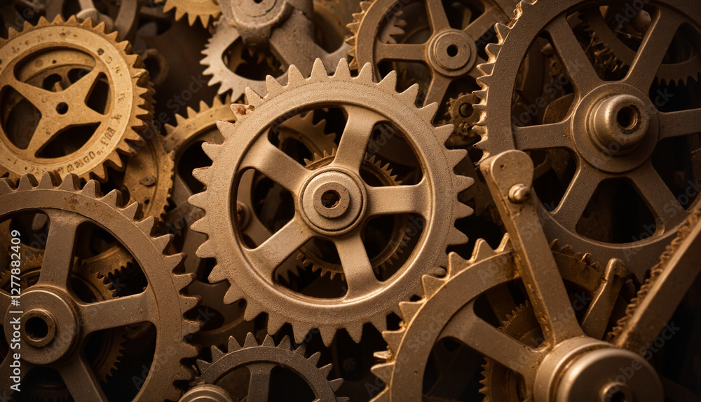 Fototapeta premium Intricate gear mechanisms shining under warm light, mechanical precision, gear wheels