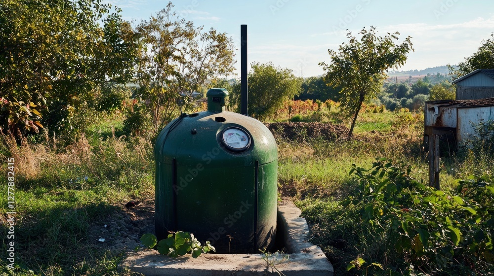 Green biogas digester stands outdoors amidst rural landscape Green biogas digester stands outdoors amidst rural landscape