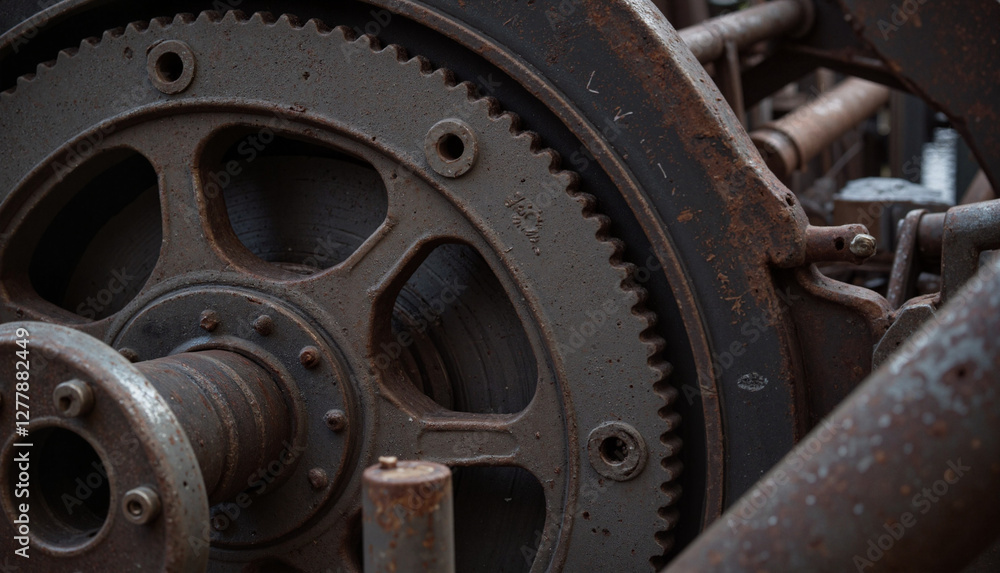 Rusty steel gear wheels with bolts in soft lighting, industrial aesthetics Rusty steel gear wheels with bolts in soft lighting, industrial aesthetics