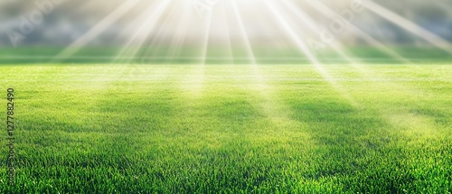 Fototapeta Naklejka Na Ścianę i Meble -  A field of grass is illuminated by the sun, creating a bright