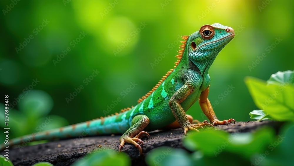 Vibrant Green Lizard Perched on a Dark Surface Amidst Lush Foliage, Basking in Soft Sunlight, Exhibiting Intricate Scales and Striking Colors