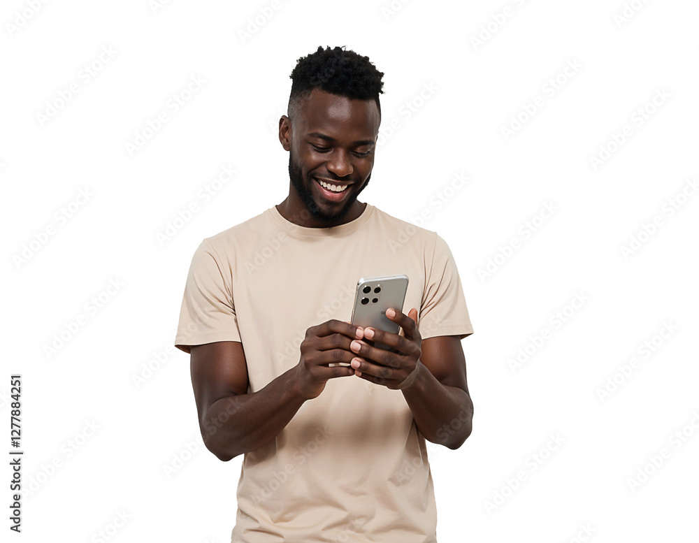 Fototapeta premium Happy black man using smartphone get pleasant message, african american man transparent background