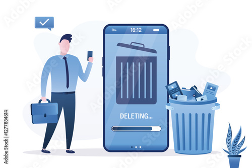 Businessman uses and cleaning phone from unnecessary documents. Waste bin on smartphone. Delete junk files and clean your mobile phone. cleaning cellphone