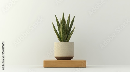 Potted plant on wooden stand, minimalist white background, home decor
