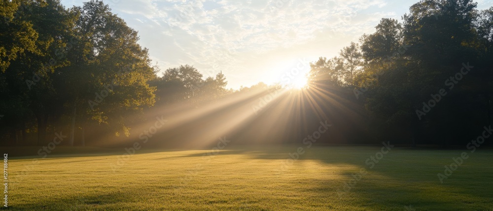 A field of grass with a sun shining through the trees A field of grass with a sun shining through the trees
