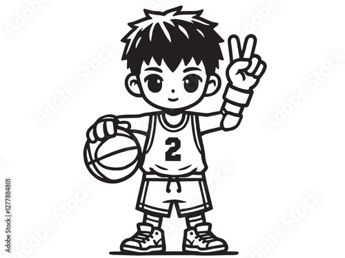 シンプルなピースサインをするバスケットボール少年のイラスト素材（背景透過）AI生成
