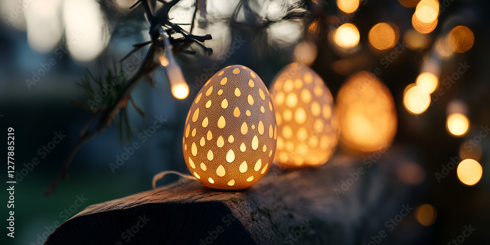 Fototapeta premium Easter Eggs on Rustic Log with Twinkling Lights