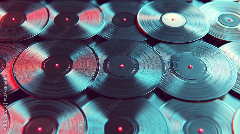 Retro vinyl records collection in vibrant lighting Retro vinyl records collection in vibrant lighting
