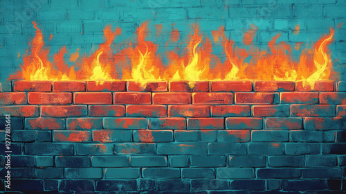 Digital firewall security concept with burning firewall bricks representing network protection and cybersecurity
