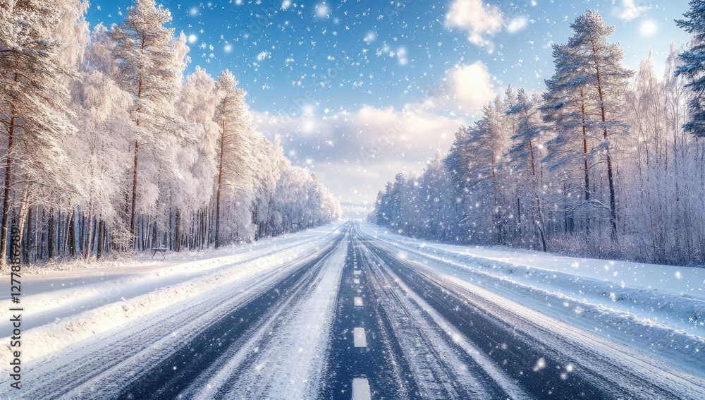 Snowy road, winter forest, snowfall, sunlight, travel Snowy road, winter forest, snowfall, sunlight, travel