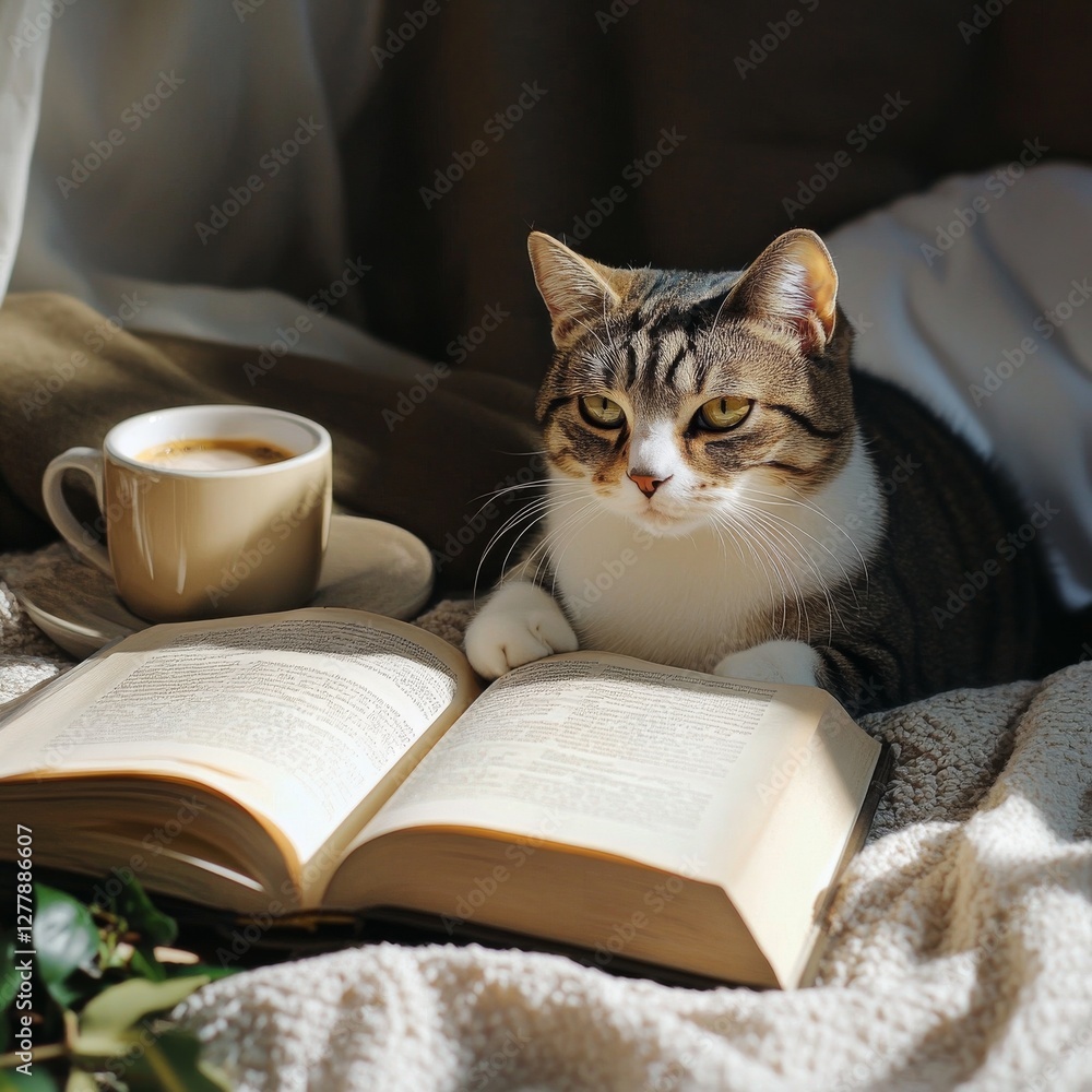 A Cozy Afternoon: Cat Resting with Open Book and Coffee Cup in Gentle Sunlight A Cozy Afternoon: Cat Resting with Open Book and Coffee Cup in Gentle Sunlight