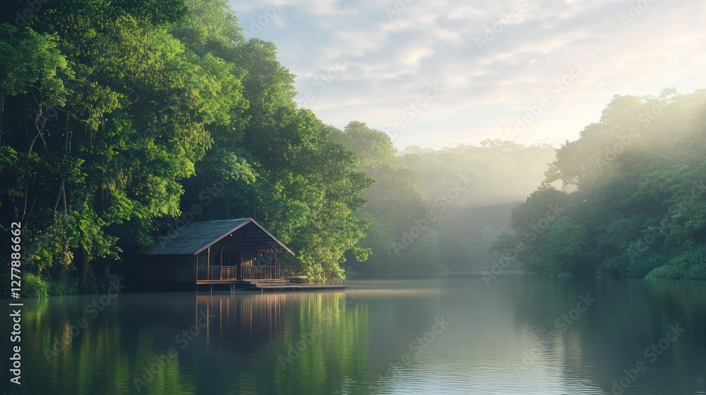 Fototapeta premium Wooden house on a lake surrounded by lush green forest