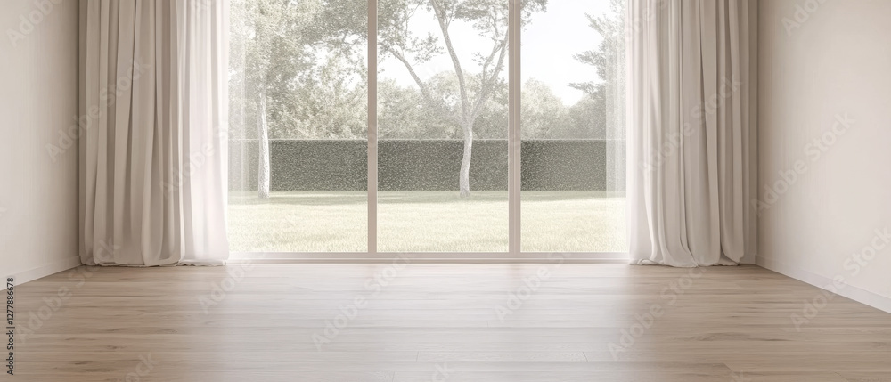 Obraz premium Bright spacious room with large window and view of garden during daylight
