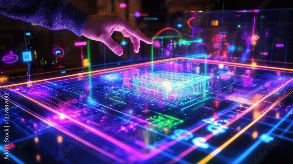 Person interacts with holographic technology interface using their fingers Person interacts with holographic technology interface using their fingers