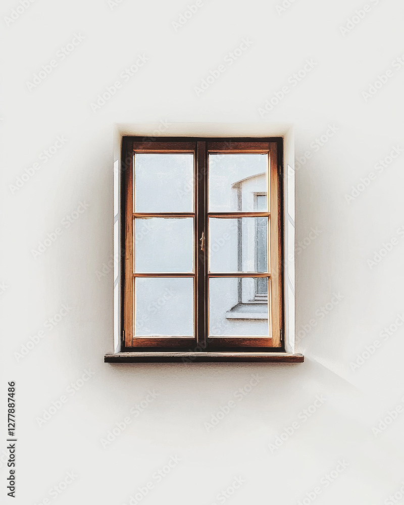 Obraz premium Serene wooden window with view of cloudy sky in a bright room