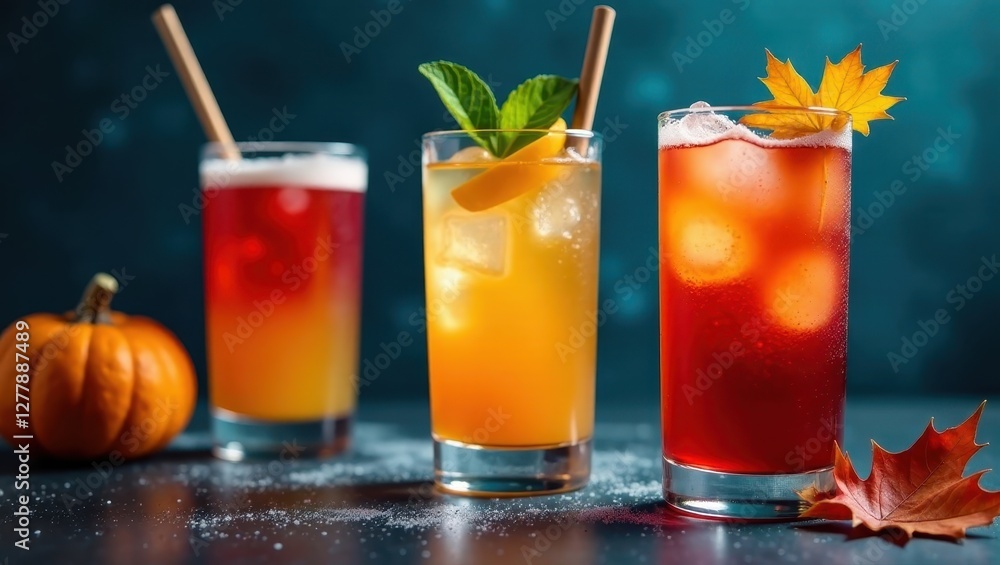 Fototapeta premium Autumnal Refreshments Three Iced Cocktails Garnished with Fall Leaves and a Small Pumpkin