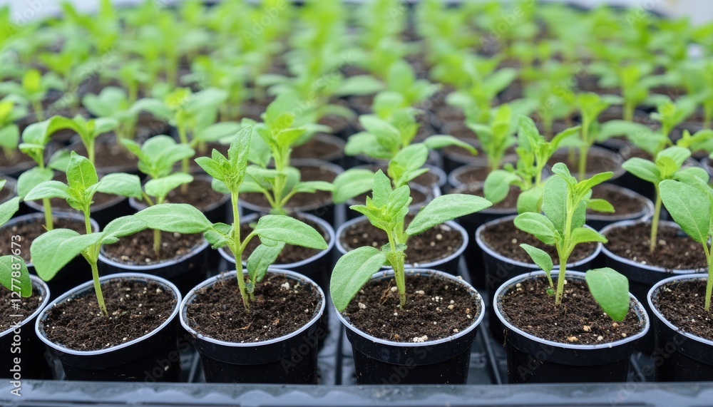 custom made wallpaper toronto digitalA vibrant array of young plants in pots, thriving in rich soil, showcasing growth and potential in a greenhouse setting.