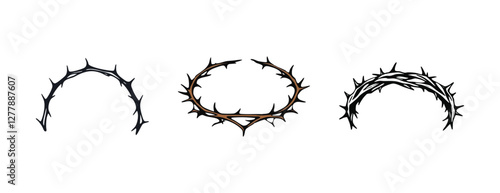 Crown of thorns religious Christian symbol black elements vector hand drawn illustration, Circle of thorns icon on Transparent  white Background