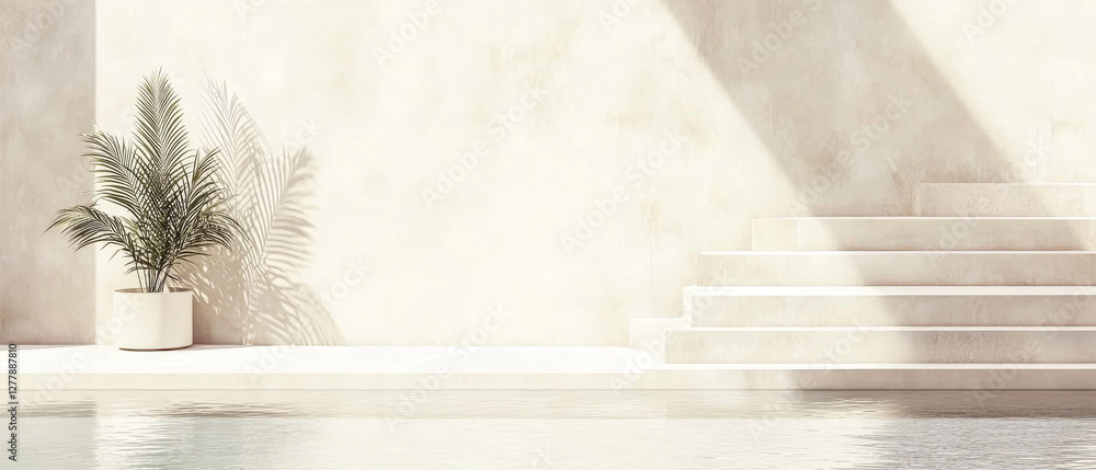 Fototapeta premium Minimalist design with a serene pool and a potted palm in bright sunlight