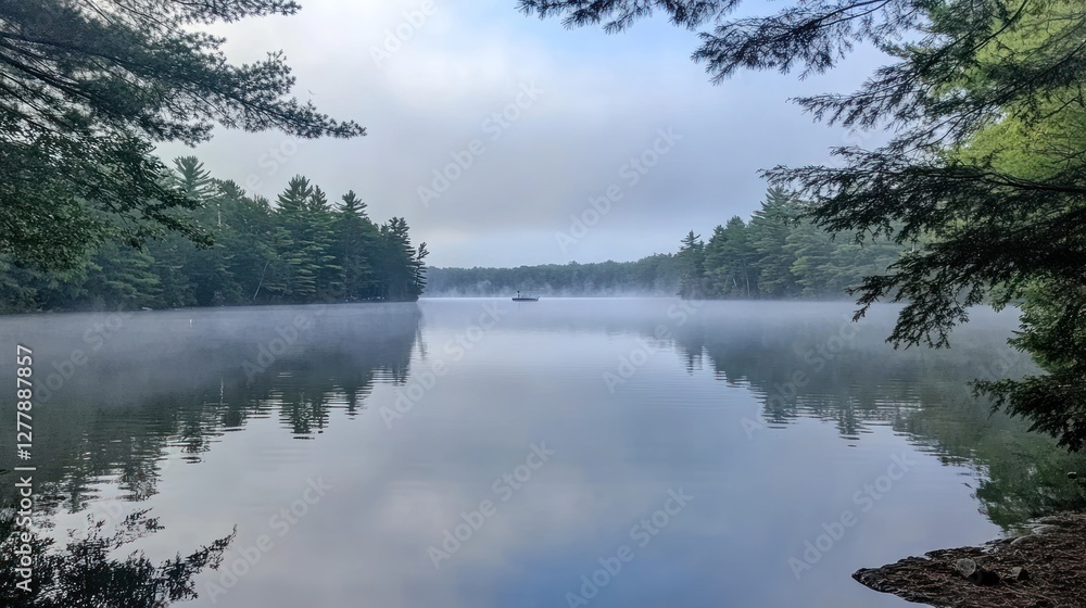 Calm lake surface covered by fog surrounded by trees Calm lake surface covered by fog surrounded by trees