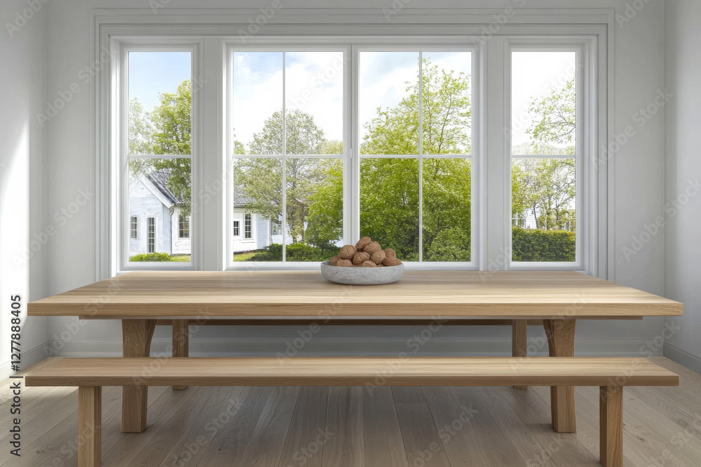 Fototapeta premium Natural light floods a minimal interior with a wooden table and fresh produce on display