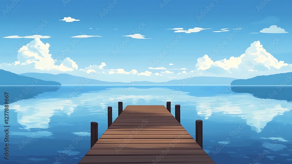 Obraz premium Tranquil Lake Scene With Wooden Dock and Mountains