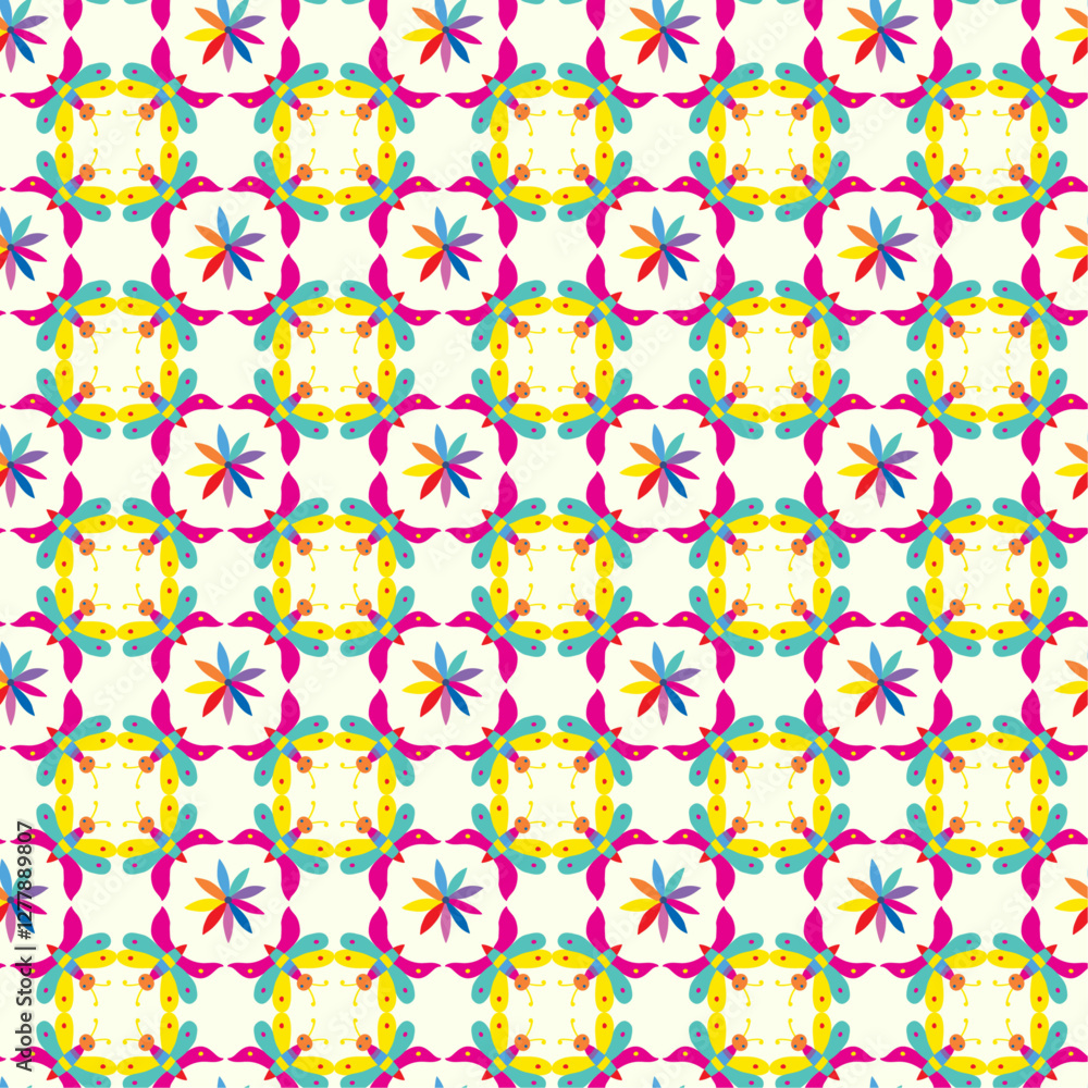 Seamless pattern with birds and flowers on white background