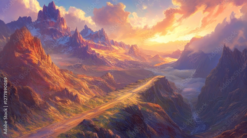 A magnificent mountain range basks under the warm sunlight A magnificent mountain range basks under the warm sunlight