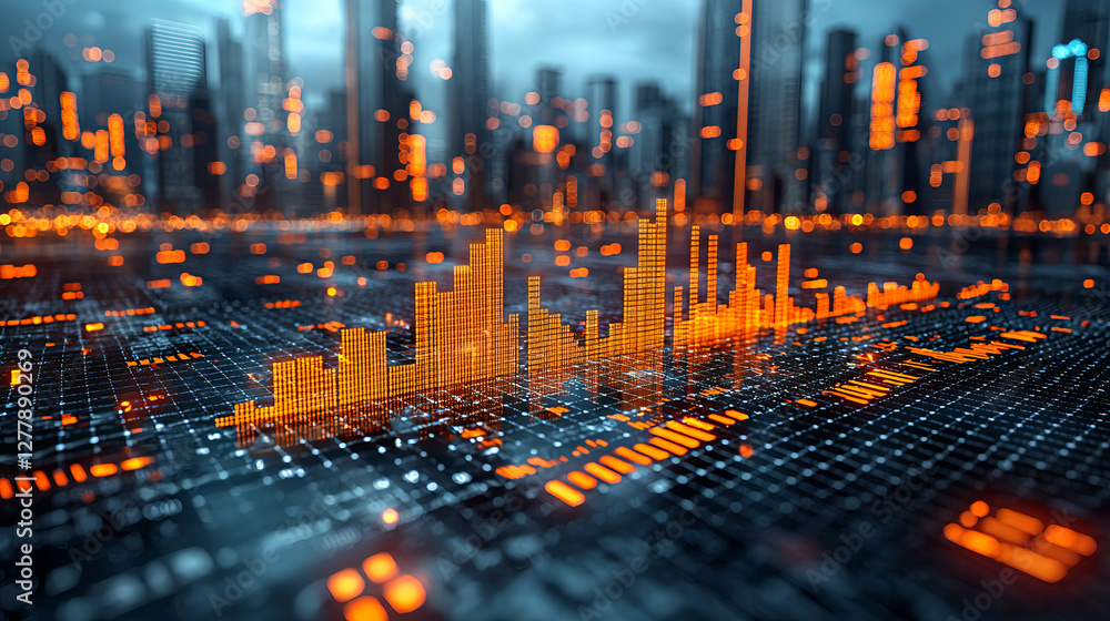 Futuristic Stock Market Data Visualization with Glowing Orange and Blue Financial Graphs – High-Tech Trading Analytics, Investment Trends, and Business Growth Digital Background