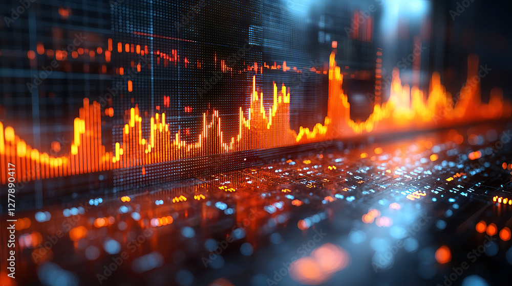 Futuristic Stock Market Data Visualization with Glowing Orange and Blue Financial Graphs – High-Tech Trading Analytics, Investment Trends, and Business Growth Digital Background