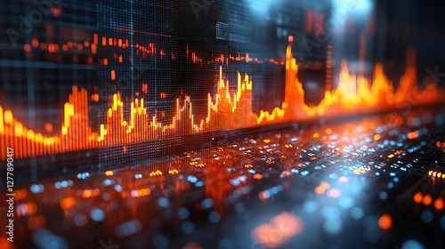 Obraz na płótnie Futuristic Stock Market Data Visualization with Glowing Orange and Blue Financial Graphs – High-Tech Trading Analytics, Investment Trends, and Business Growth Digital Background w salonie