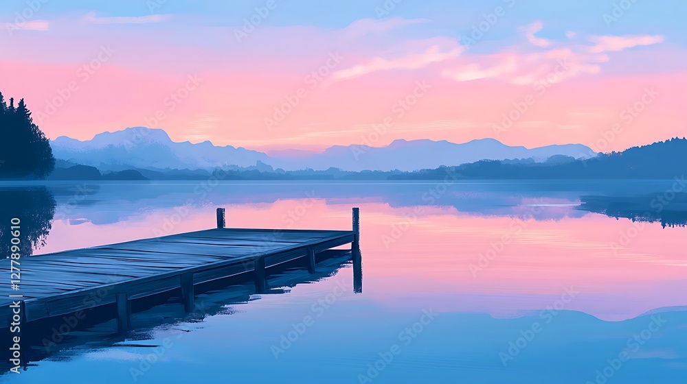 Fototapeta premium Serene Sunrise Over Calm Lake With Dock