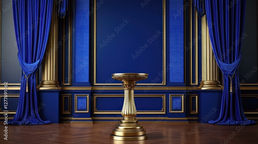 Fototapeta premium Royal blue and gold room with a pedestal in front