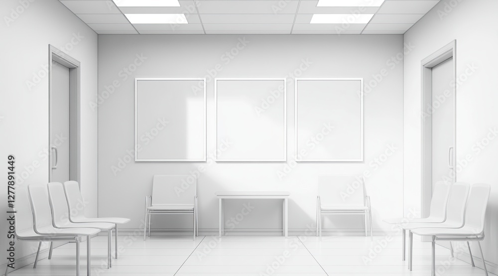 Modern Minimalist Waiting Room Design: Three Frames Adorn Walls, Chairs Arranged Neatly, Table Centered, Simple Elegance. Modern Minimalist Waiting Room Design: Three Frames Adorn Walls, Chairs Arranged Neatly, Table Centered, Simple Elegance.