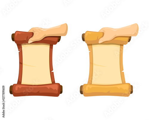 Hand Opens Old Scroll Page. Template Illustration Vector