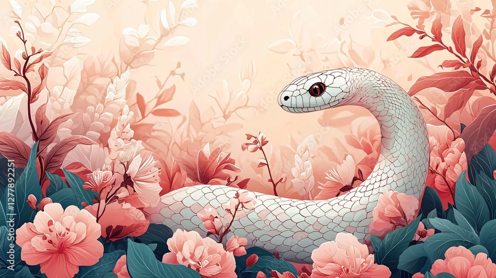 Obraz premium 2025 Chinese New Year of the Snake template. Serene white snake and flowers illustration with copy space. Ideal for lunar calendar designs and CNY greetings.
