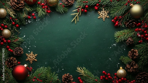 Wallpaper Mural During the holiday season, festive Christmas decorations with ornaments, pine branches, and seasonal elements are displayed on a dark green background Torontodigital.ca