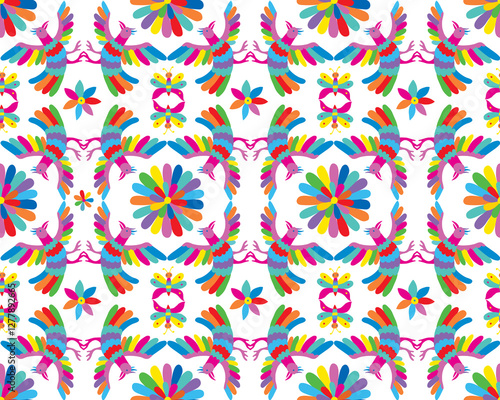 Otomí Style Pattern.Colorful Mexican Traditional Textile Embroidery Style. Seamless pattern with birds and flowers on white background