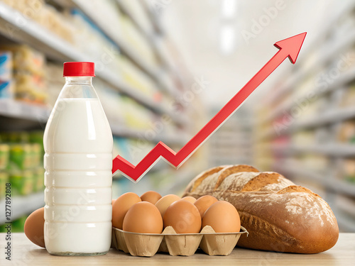 Rising food prices concept with milk, eggs, and bread in grocery store, inflation, cost of living increase, economic crisis, grocery shopping expenses, food affordability, financial strain, inflation