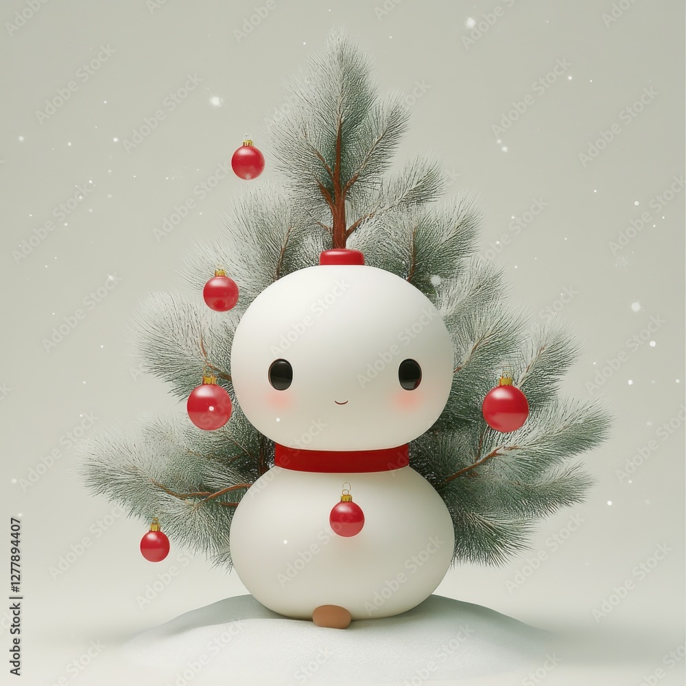 Adorable snowman with Christmas tree and ornaments. Festive winter scene perfect for holiday greetings. Adorable snowman with Christmas tree and ornaments. Festive winter scene perfect for holiday greetings.