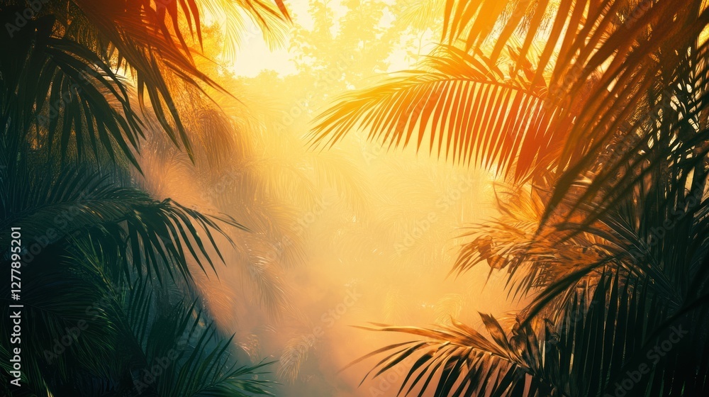 Fototapeta premium Tropical view framed by palm leaves against a bright sky