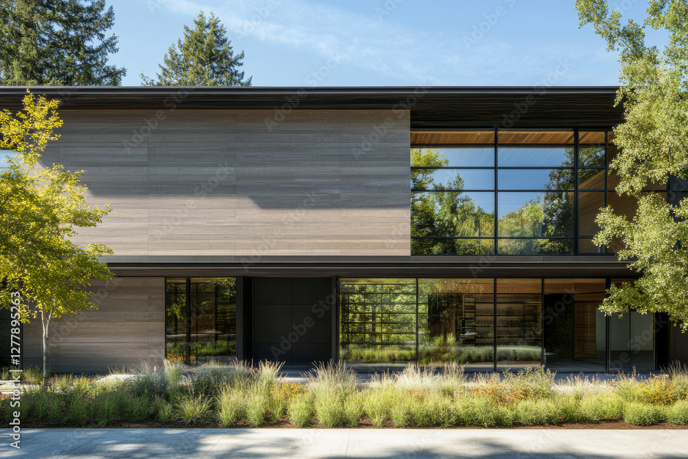 Fototapeta premium Modern architectural design of a house surrounded by trees in daylight