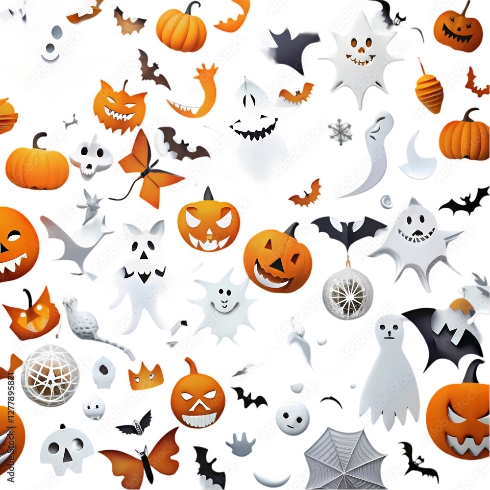 Spooky halloween pattern with pumpkins ghosts bats and skulls design fun on transparent background Spooky halloween pattern with pumpkins ghosts bats and skulls design fun on transparent background
