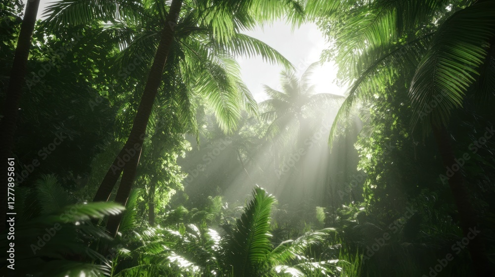 Naklejka premium Sun rays pierce through dense tropical palm tree canopy