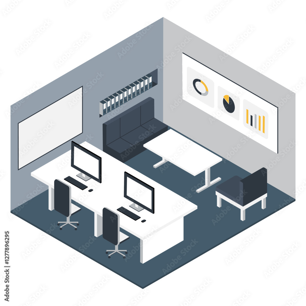 Modern office workspace with desks, computers, charts, and business meeting area Modern office workspace with desks, computers, charts, and business meeting area