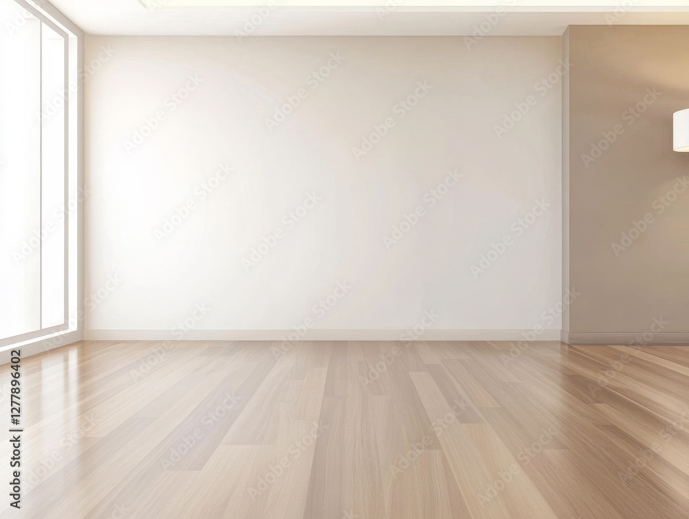 Bright and spacious room with wooden flooring and large windows in modern interior design Bright and spacious room with wooden flooring and large windows in modern interior design