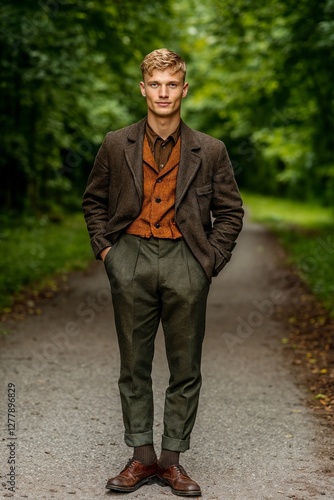 Comical male character for a book dressed in quirky attire on a forest path